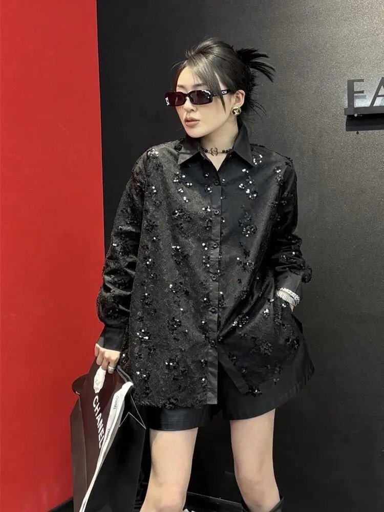 

2023 Spring New Woman Blingbling Glitter Mid-length Shirts White Single-breasted Long Sleeve Clothes Top Fashion Women-blouses