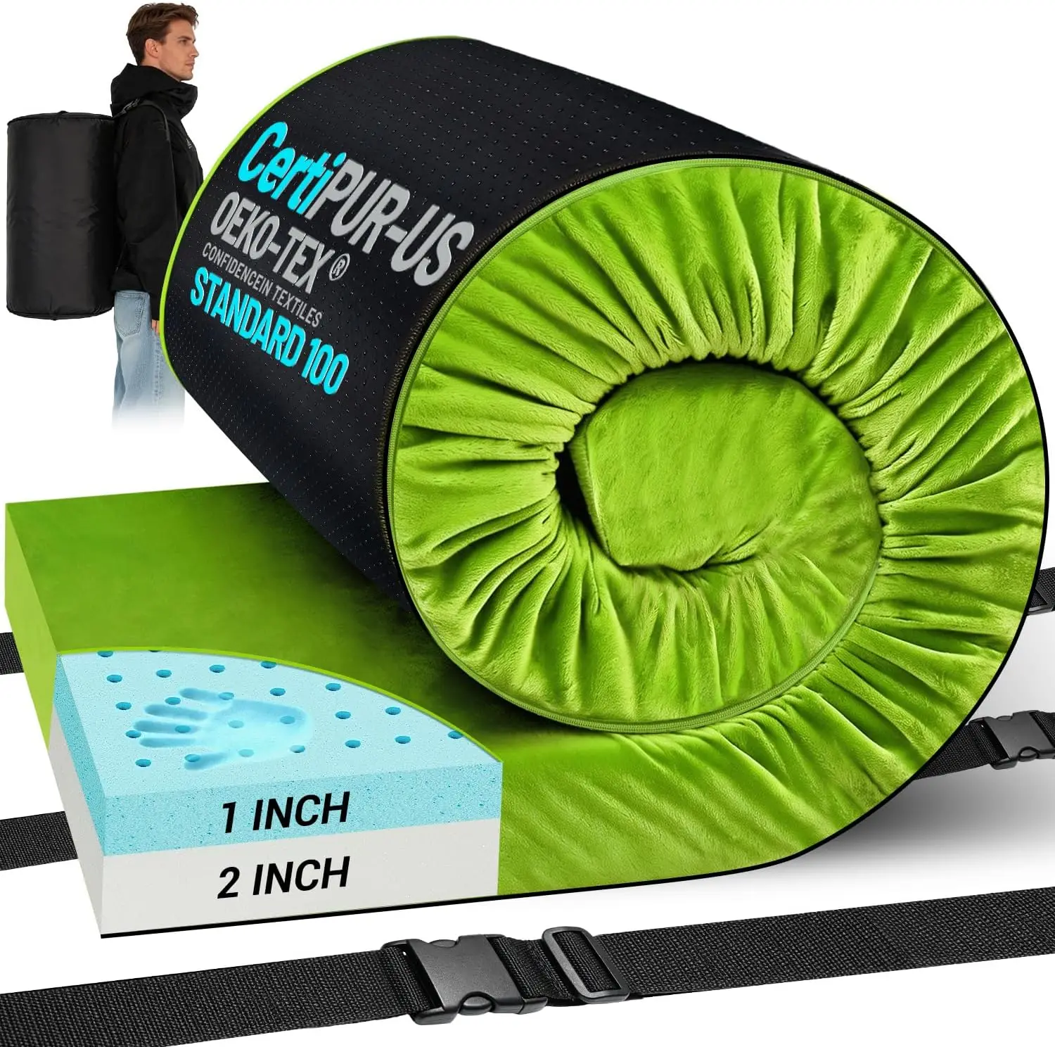 Memory Foam Camping Mattress, Ventilated Breathable Design CertiPUR-US & Oeko-TEX Certified Sleeping Pad Waterproof 3inch Non-Sl