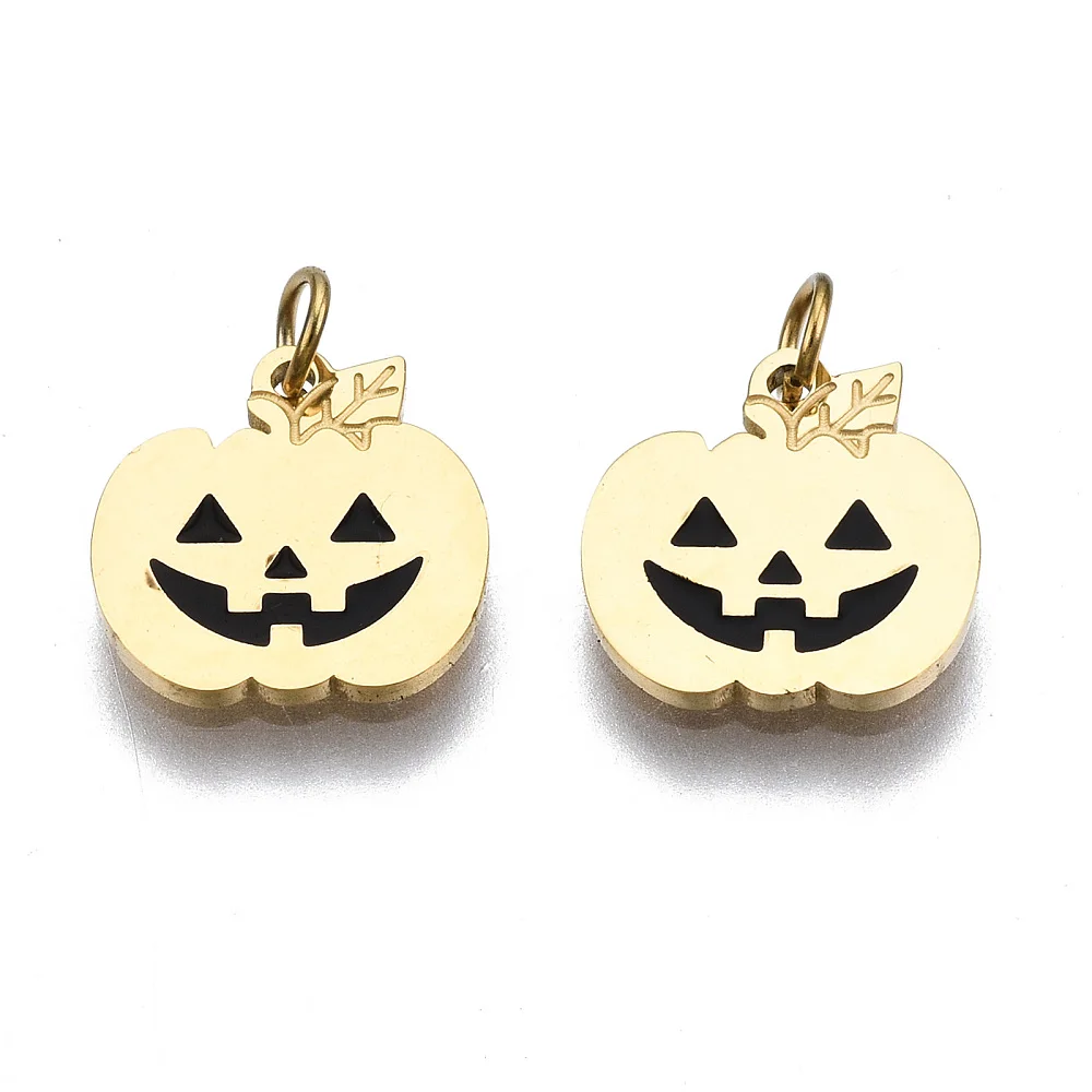 10pc 316 Surgical Stainless Steel Enamel Charms with Jump Rings for Halloween Pumpkin Real 14K Gold Plated for DIY Jewelry Craft