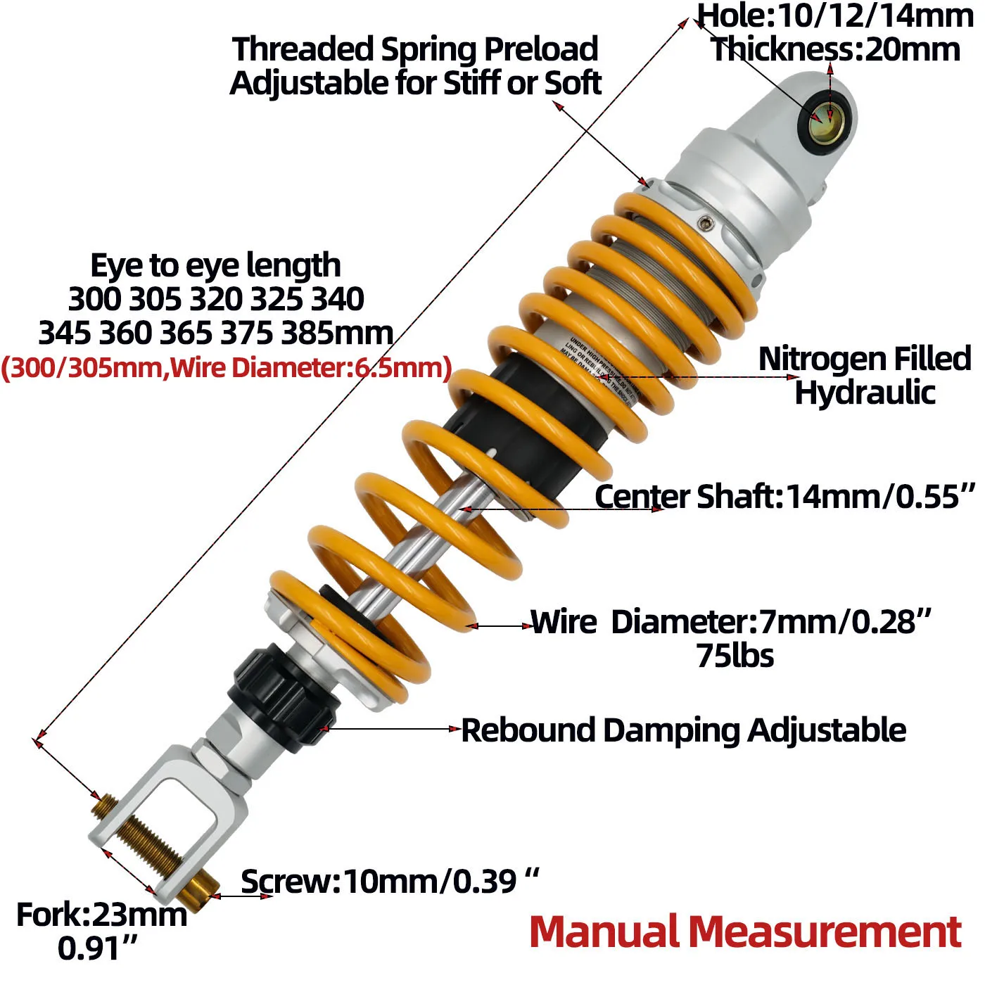 

Fork 23mm 320mm Variety Size Hydraulic rear shocks for Honda NS150G, Kymco H150, RT3C, Joymax Z300, Cyclone RT3, SYM ADV, FZ150