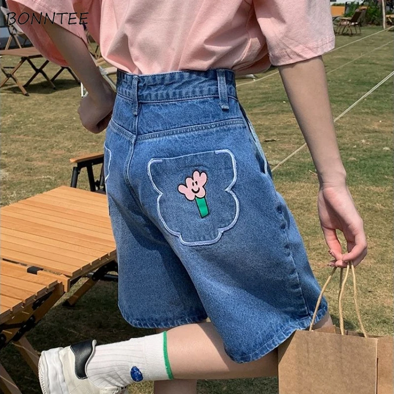 

Denim Shorts Women Embroidery Vintage High Waist Japanese Style Harajuku Sweet Leisure Chic Loose Summer Ins Chic Students BF