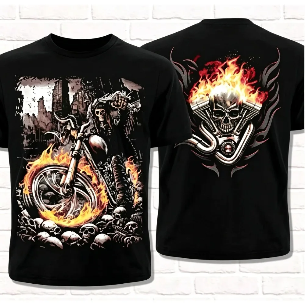 2026 New Flame Skeleton Biker Double Sided Print T-shirt,  Dark Hardcore Biker Street Loose Unisex Trend Tops