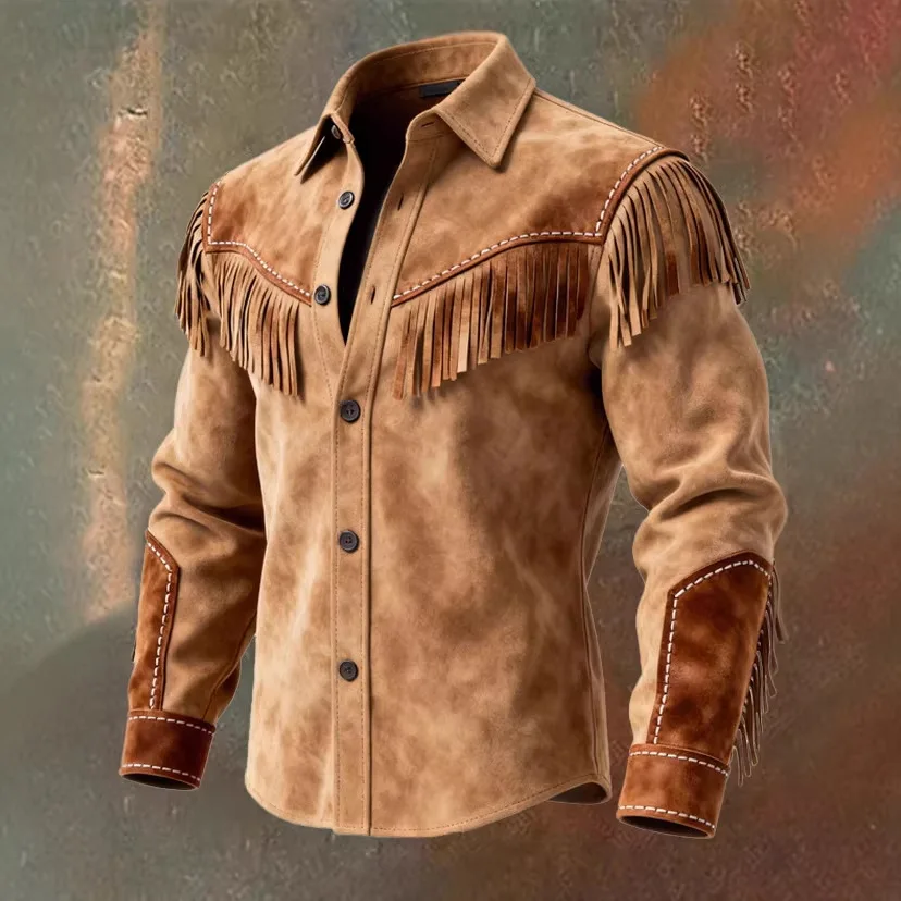 2026 Mens Fringe Jacket Retro Ethnic Tassel Single Breasted Casual Autumn Winter Streetwear Fashion Long Coat Outerwear Top view 2