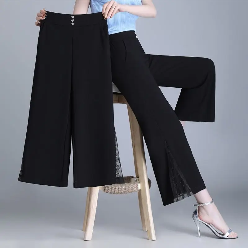 Summer Women's 2024 Pants High Waisted Slim and Loose Fitting Chiffon High Waisted Lace Patchwork Wide Leg Cropped Pants  Z434