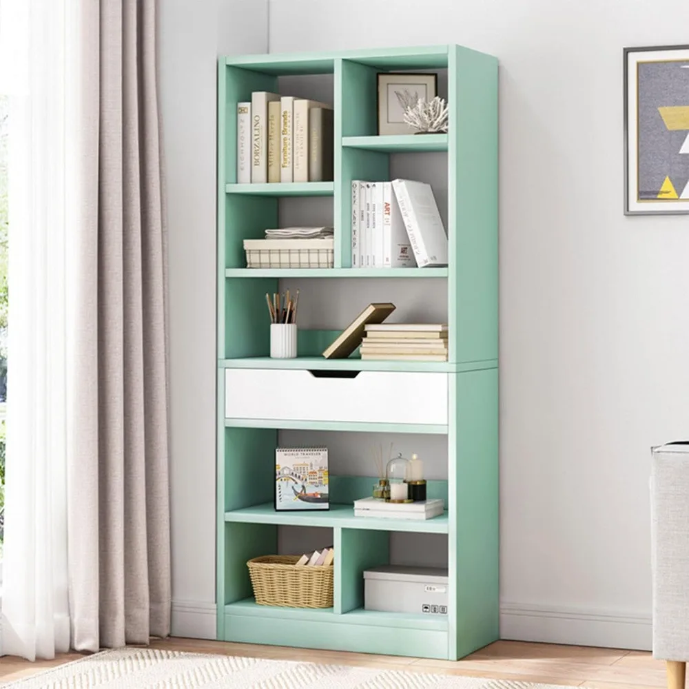 

Bookcase, 61-Inch Tall, Freestanding Storage Cabinet, Wooden Bookcases with 8 Cubes and One Drawer, Floor Standing Bookcase