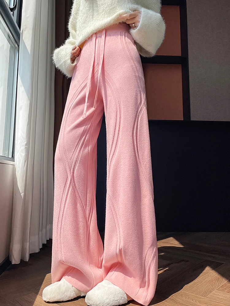 

Вязаные широкие брюки женские осень-зима 2025 новые утягивающие повседневные универсальные брюки прямого дизайна с высокой талией