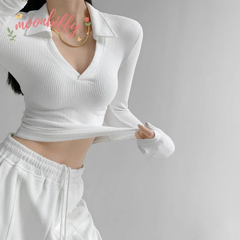 Sexy V-Neck Slim Fitness Women\'s T-Shirt Fashion New Long Sleeve Polo Shirt Woman High Waist Cropped Tops