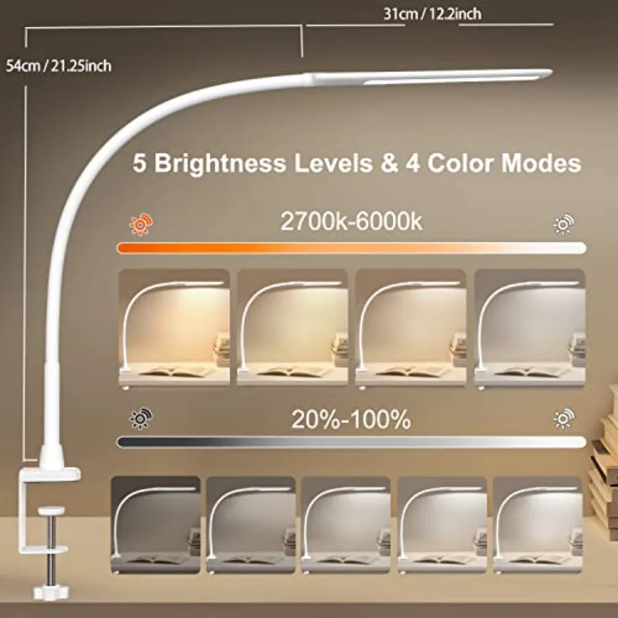 LED Desk Lamp with Clamp, Flexible Gooseneck Architect Table Lamp - 5 Brightness Levels and 4 Color Modes, Touch Control, Eye-C view 3