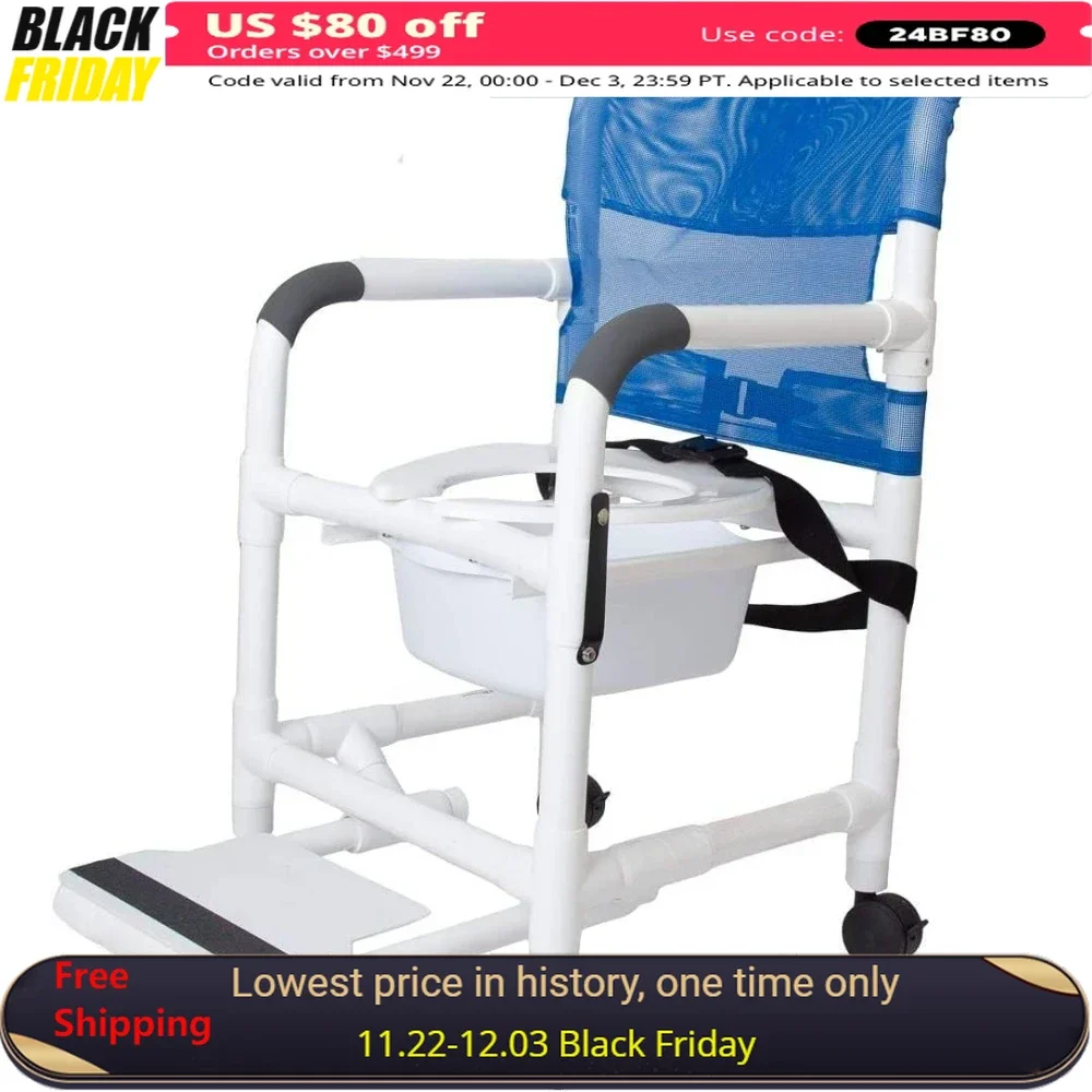 

Shower Chair, Place Over Toilet with Mesh Seat, Locking Casters, Seat Belt, Slide-Out Footstool and Commode,Rolling Shower Chair