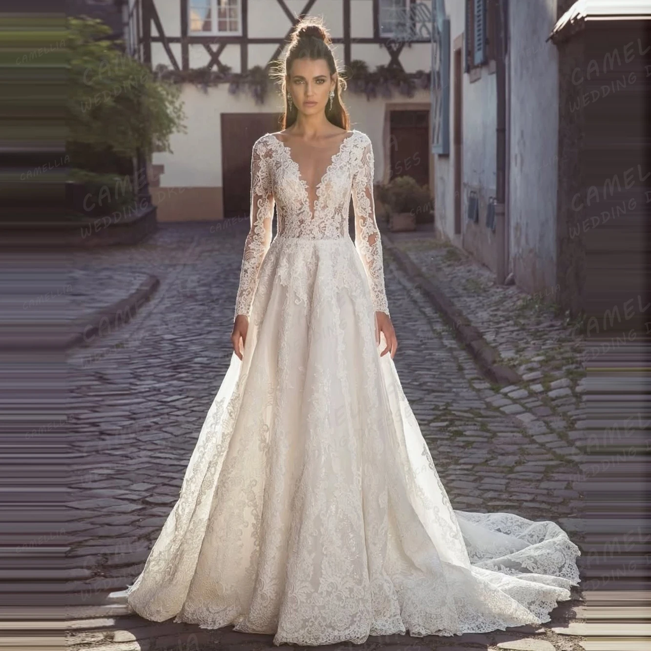 

Luxury Sexy Wedding Dresses A Line Appliques V Neck Bridal Gowns Long Sleeve Tulle Vestidos De Novia Customized Robe De Mariée