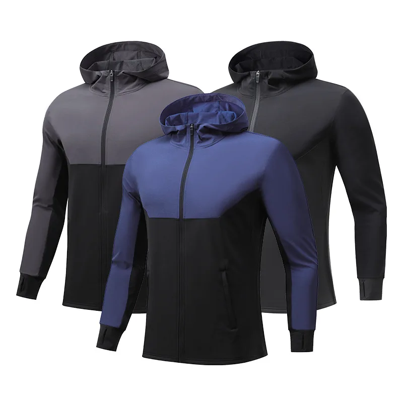 Autumn And Winter Outdoor Fleece-lined Sports Jacket Men's Stitching Windproof Warm Riding Sweatshirt Hooded Fitness Sportswear