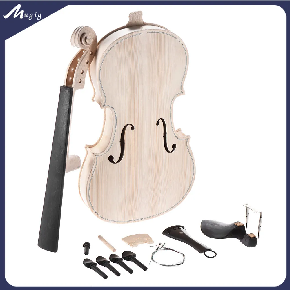 Mugig 4/4 Full Size Violin DIY Kit Scroll Neck Natural Solid Wood Acoustic Violin Fiddle Kit W/ EQ Spruce Top Maple Fingerboard