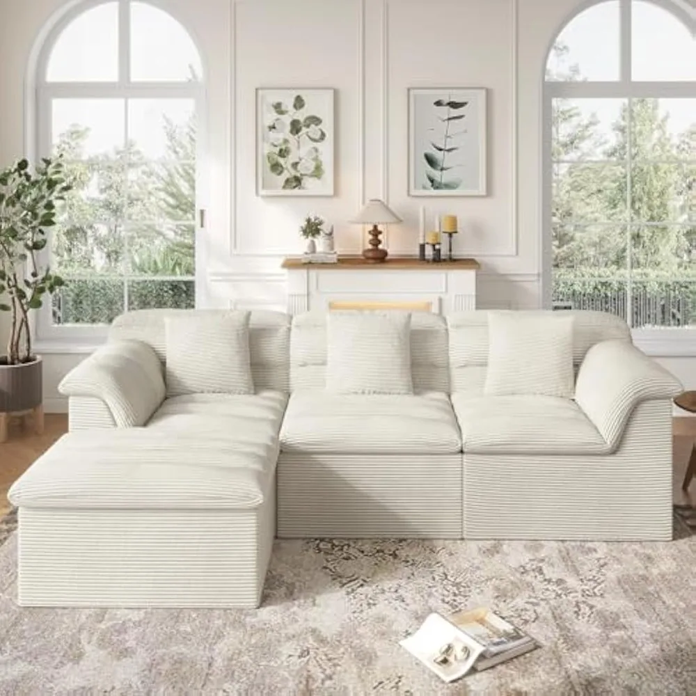 

112" Modular Cloud Sectional Couch with , Modern Compressed Sofa with Deep Seat, Comfy L-Shape Corduroy