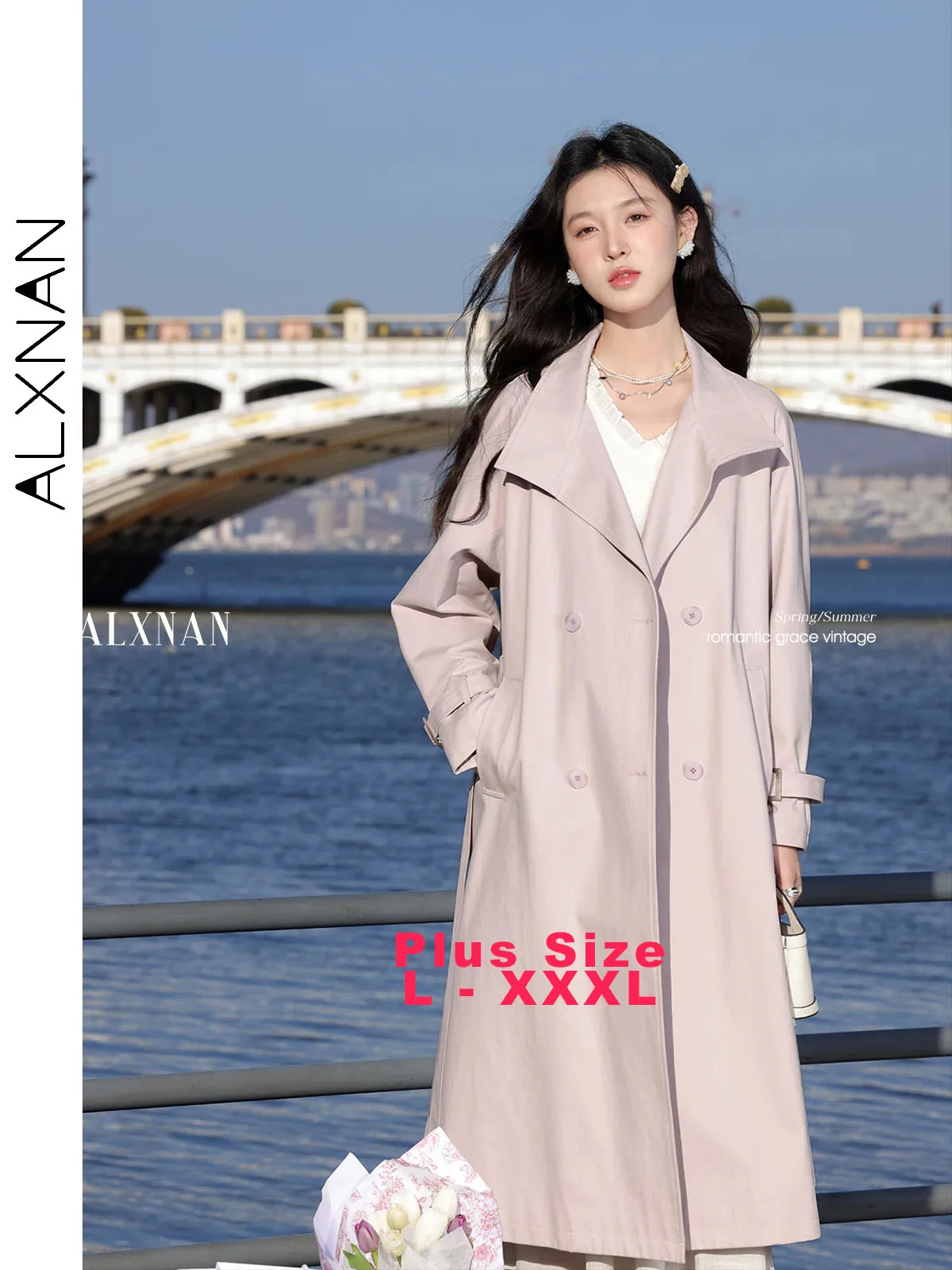 

ALXNAN Plus Size Women's Trench Coat Pink Long Lapel Classic Belted Cotton Windbreaker Autumn Winter Loose-fit Outerwears D09118
