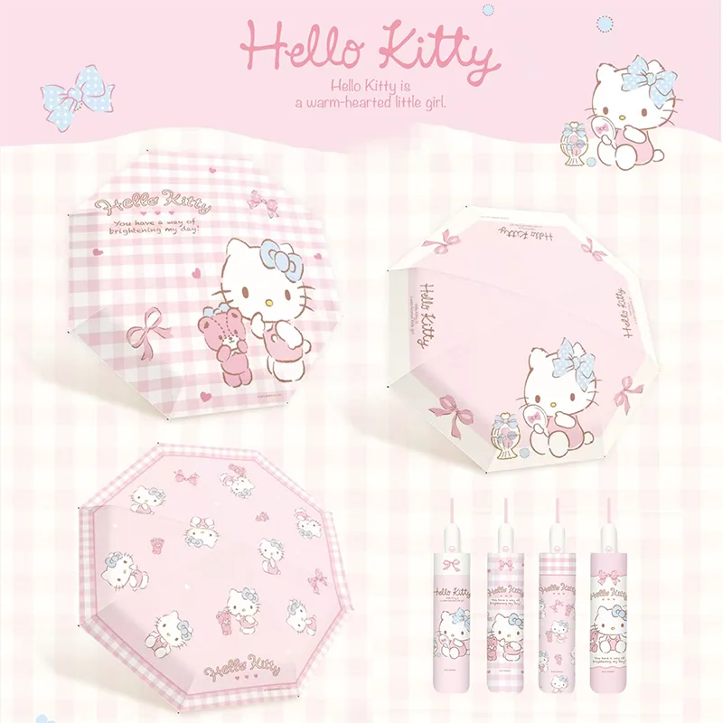 Official Sanrio Hello Kitty Folding Umbrella Black Coating Cute Pink Grid Print Auto Open Close Sun Rain Dual Use Portable Girls