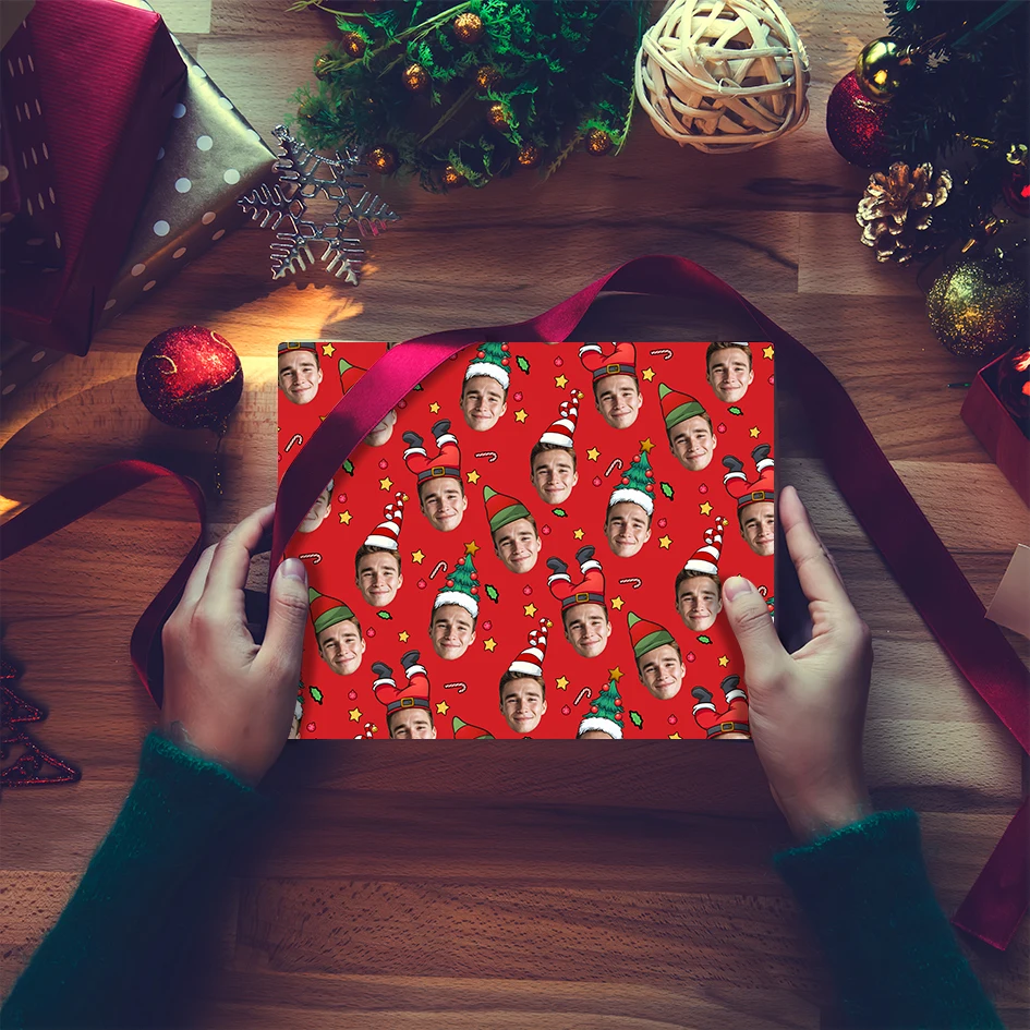 Maßgeschneidertes Geschenkpapier für Weihnachtsmützen im Gesicht, perfekt für die Dekoration von Weihnachtsfeiern und Geburtstagsgeschenkverpackungen