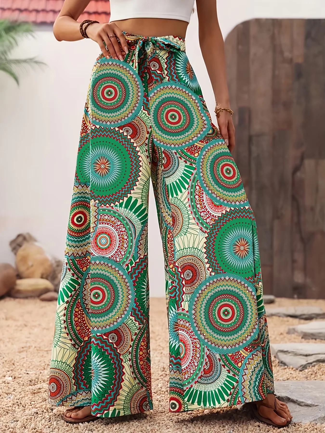 Women Ethnic Mandala Printed Wide Leg Trousers Elastic Waist Tie Belt Casual Boho Beach Summer Vacations Trendy Fashionable Chic