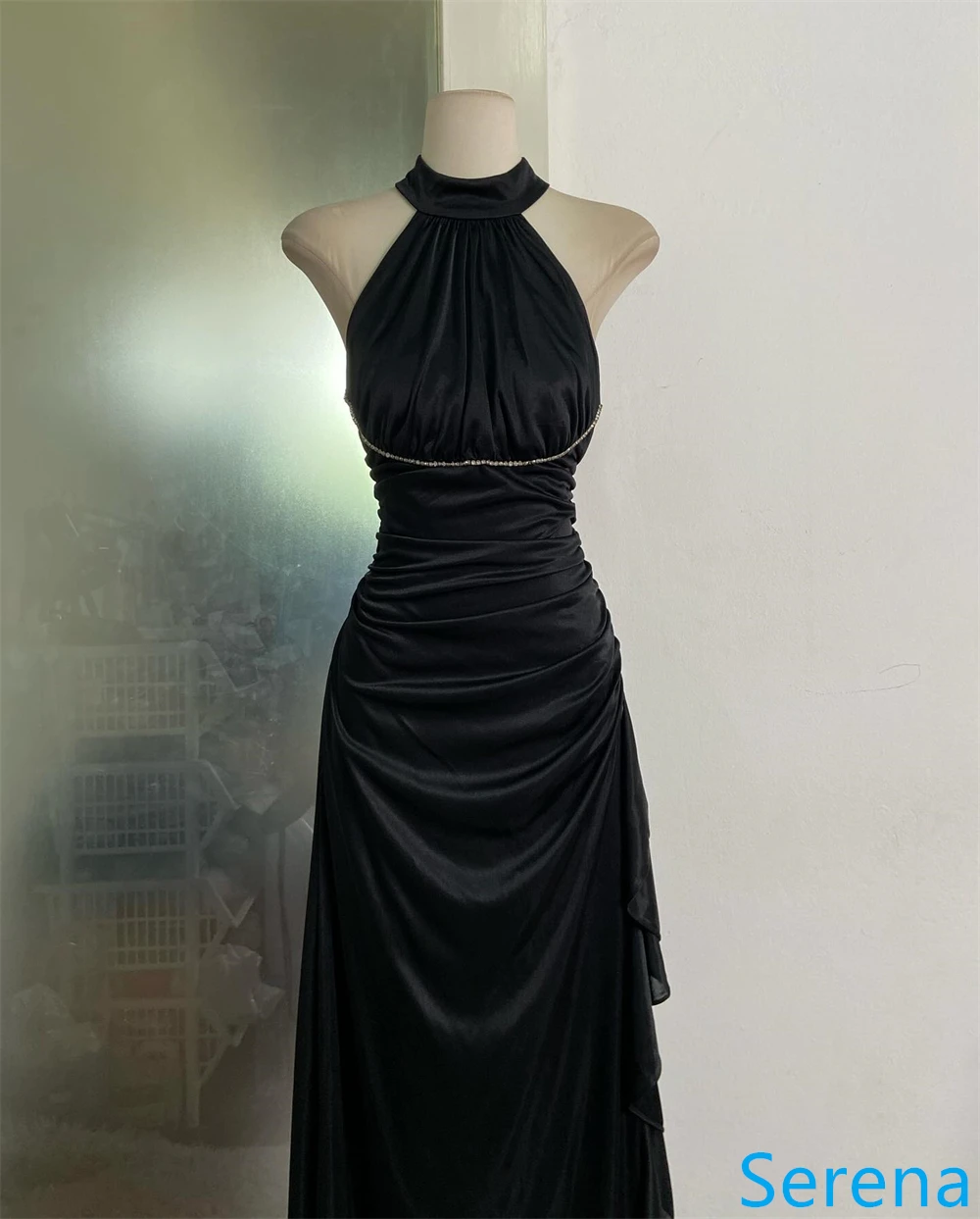 Vestido de noche de gasa negro personalizado de alta calidad, sin mangas, con cuello Halter, para ocasiones especiales, fiesta nupcial, espalda abierta, moda