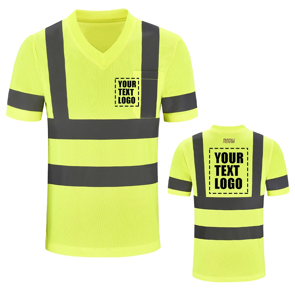 Aykrm oi vis t-camisa reflexiva segurança v pescoço secagem rápida ajuste workwear colete fluorescente amarelo trabalho topos engenheiro de