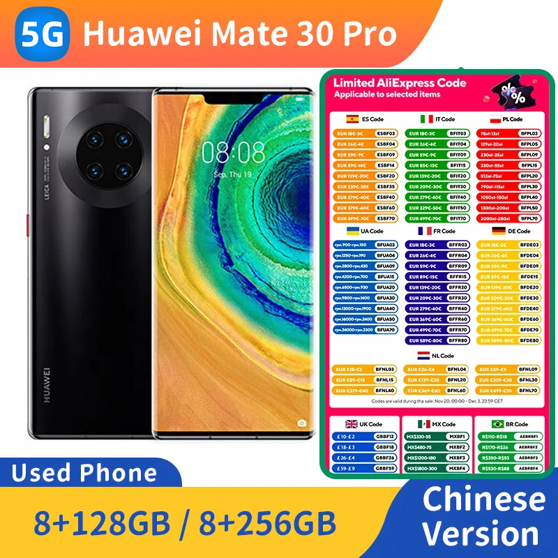 هاتف هواوي ميت 30 برو 5g الذكي وحدة المعالجة المركزية كيرين 990 شاشة 6.53 بوصة كاميرا 40 ميجابكسل بطارية 4500 مللي أمبير هاتف مستعمل أصلي