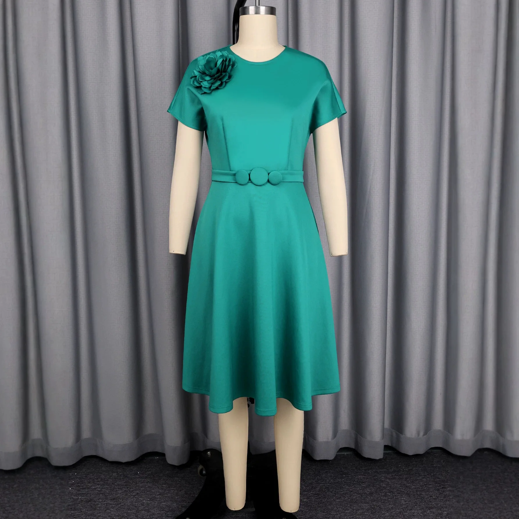 Africa Clothing Women Dress O Neck Short Sleeves 3D Flower Fitted Waist Pleated Hem Work Party Church Wedding Guest Classy Gowns