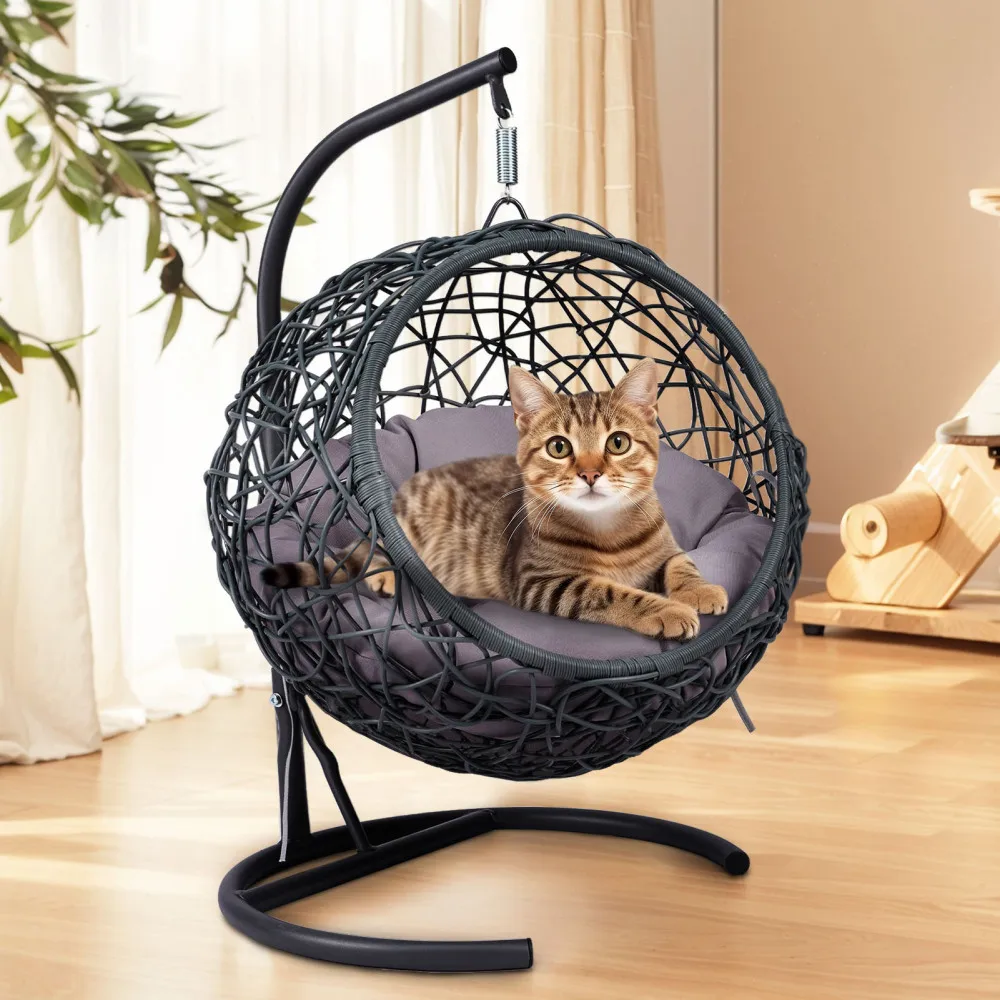 

Cat Swing Bed with Stand & Cushion, Rattan Wicker Egg Chair for Cats Small Dogs Gray