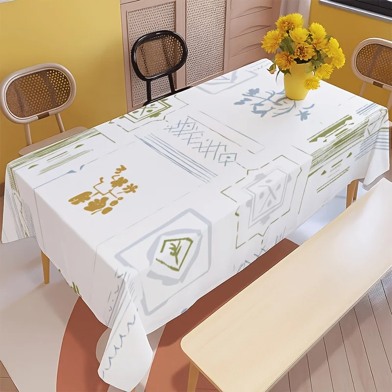 Simple Line Tablecloth, White Base With Stylized Botanical Sketch Graphics, Rectangular Table Cover Kitchen & Dining Home Decor