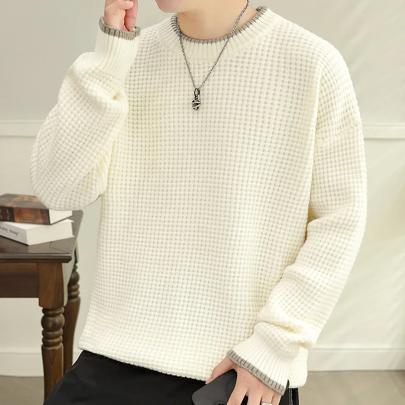 Men's Spring Autumn Round Neck Pullover Solid Screw Thread Long Sleeve Sweater Knitted Casual Office Lady Undershirt Tops