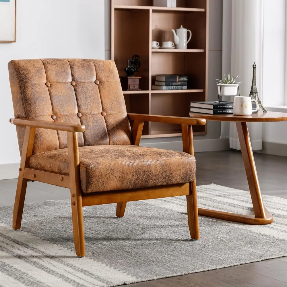 

Accent Chair with Wood Frame Mid-Century Modern Armchair, Button Tufted Side Chair Microfiber Fabric Comfy Corner Chair for Liv