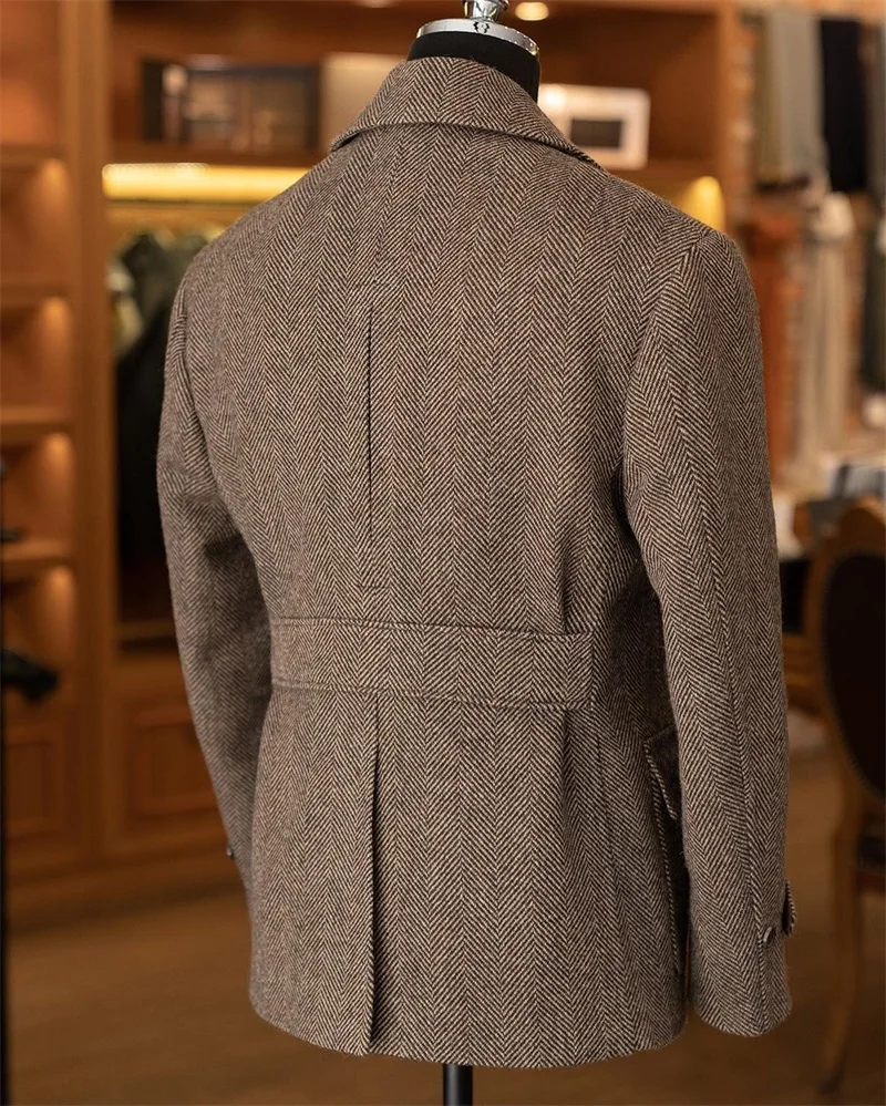 Abrigo de espiga caqui para hombre, chaqueta gruesa y cálida Formal de doble botonadura, abrigo corto de invierno de Inglaterra, chaqueta masculina hecha a medida