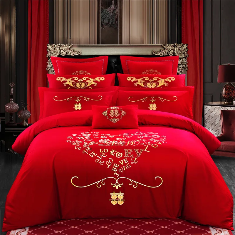 Big Red Cotton Embroidery Four Piece Set Pure Cotton Embroidery Six Piece Set Multi Piece Wedding Bedding Set