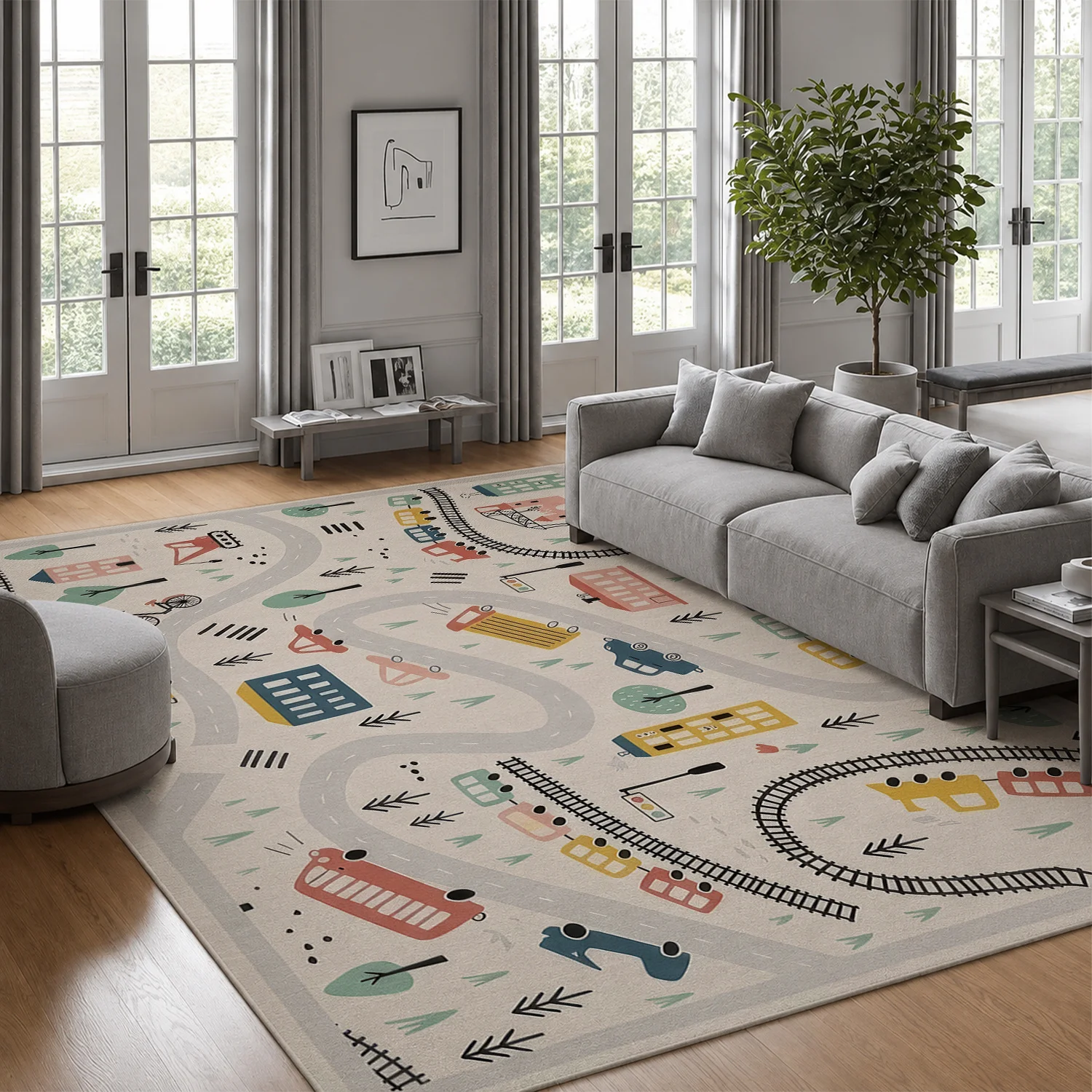 Large Indoor Area Rug, Soft Velvet Low Pile Kids Play Rug with Non-slip Dotted Backing, Machine Washable, Adorable City Road Map Pattern with Vehicles & Buildings, Ideal for Kids Playroom, Bedroom & Living Room