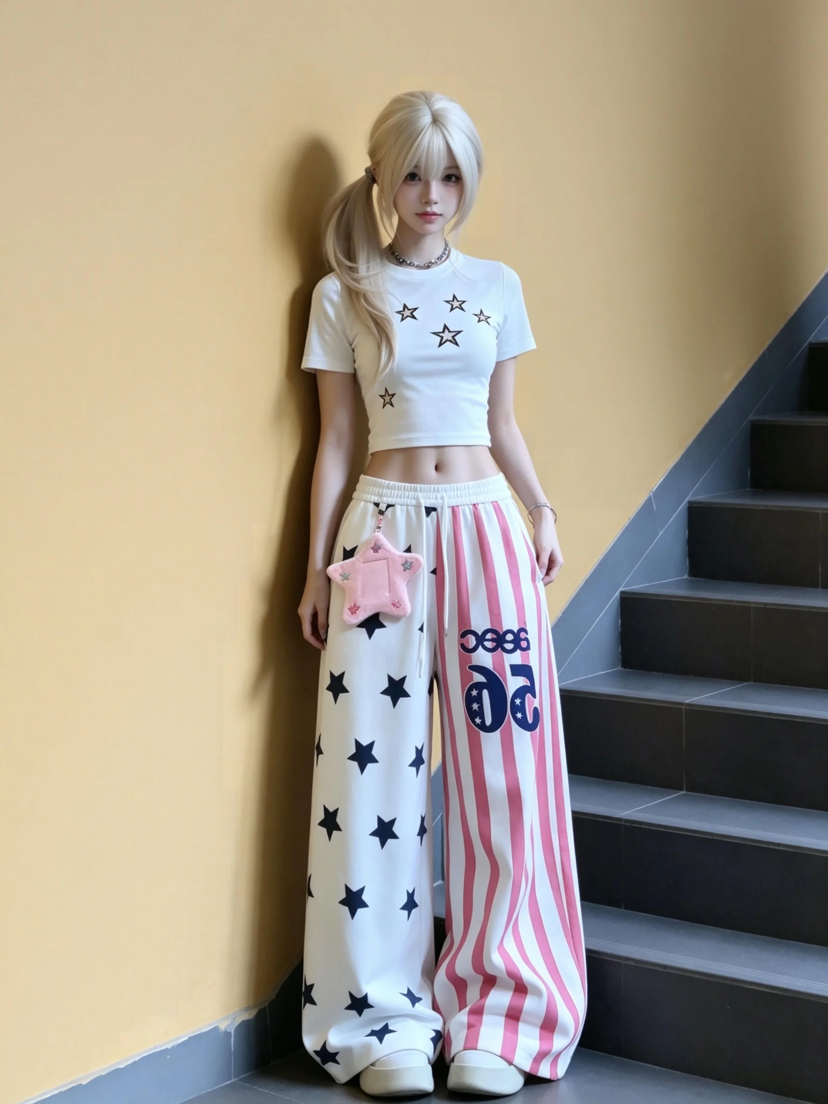 

White Star Striped Sports Pants Women's Spring Summer Lazy Sweatpants Wide Leg Casual Street Dance Jazz Pants High Waist Elas...
