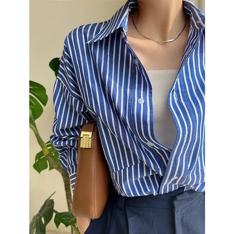 

Blue Striped Women's Shirt Spring Autumn Loose Elegant Design Classic Collar Long Sleeve Mid-Length Slim Fit Top