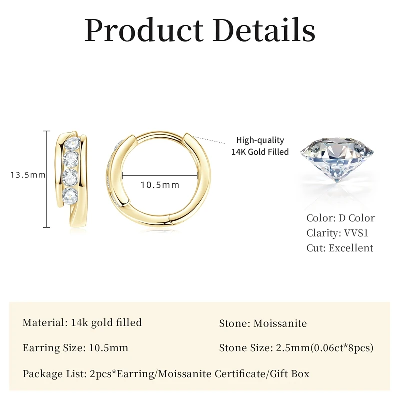 Lnngy zertifizierte 2,5 mm Moissanit-Ohrringe, 14 Karat Gold gefüllte Creolen für Damen, temperamentvoll, vielseitig, Damenschmuck, Geschenk – Detail 1
