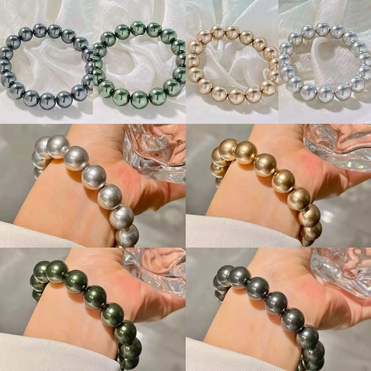 Bracelet Perles Gris Café, Perles Synthétiques Premium Brillantes de 12 mm avec Teinte Terre Chaude, Chaîne de Main Automne Hiver pour Femme, Idéal Cadeau