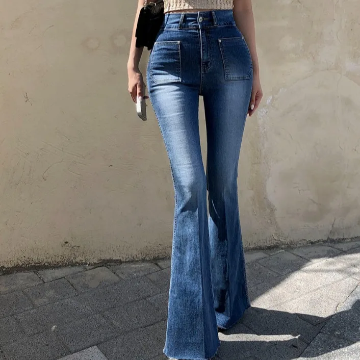 

High Waist Flared Jeans Women's Body Shaping Butt Enhancing Korean Style Denim Pants Blue Color Resistant to Deformation