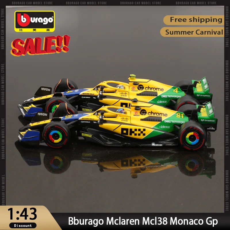 In Stock New Bburago 1:43 Mclaren Mcl38 Monaco Gp Miami Gp Alloy Miniature Diecast Model Lando Norris #4 #81 F1 Car Model Toys