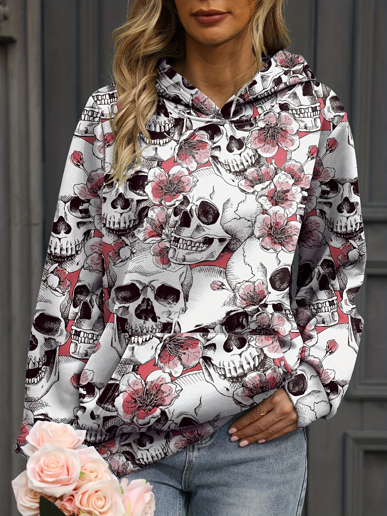 Casual Sweatshirt,  Halloween theme Women's Floral Skull Print Long Sleeve Hooded Slight Stretch Sweatshirt With Kangaroo Pocket