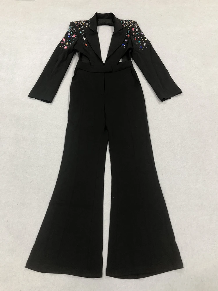 ILYBOOJUN Solid Hollow Out Patchwork Diamonds Jumpsuits For Women Lapel Long Sleeve High Waist Temperament Jumpsuit Female