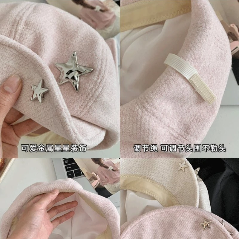 Neue Niedliche Katzenohren-Baskenmütze für Damen, Herbst- und Winter-Achteckmütze mit großem Kopfumfang, Modisches Metallstern-Design, Kurze Krempe, Newsboy-Kappe – Detail 6