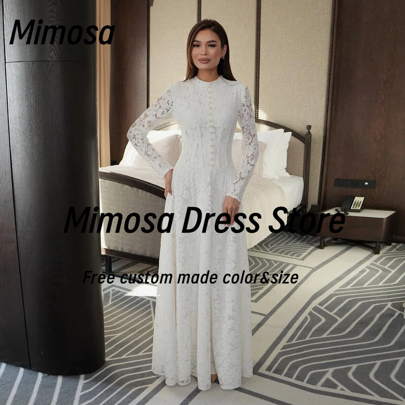 Vestidos de Fiesta de Encaje Completo Mimosa con Cuentas, Vestidos Elegantes para Fiesta de Gala, Mangas Largas, Vestidos de Noche Personalizados