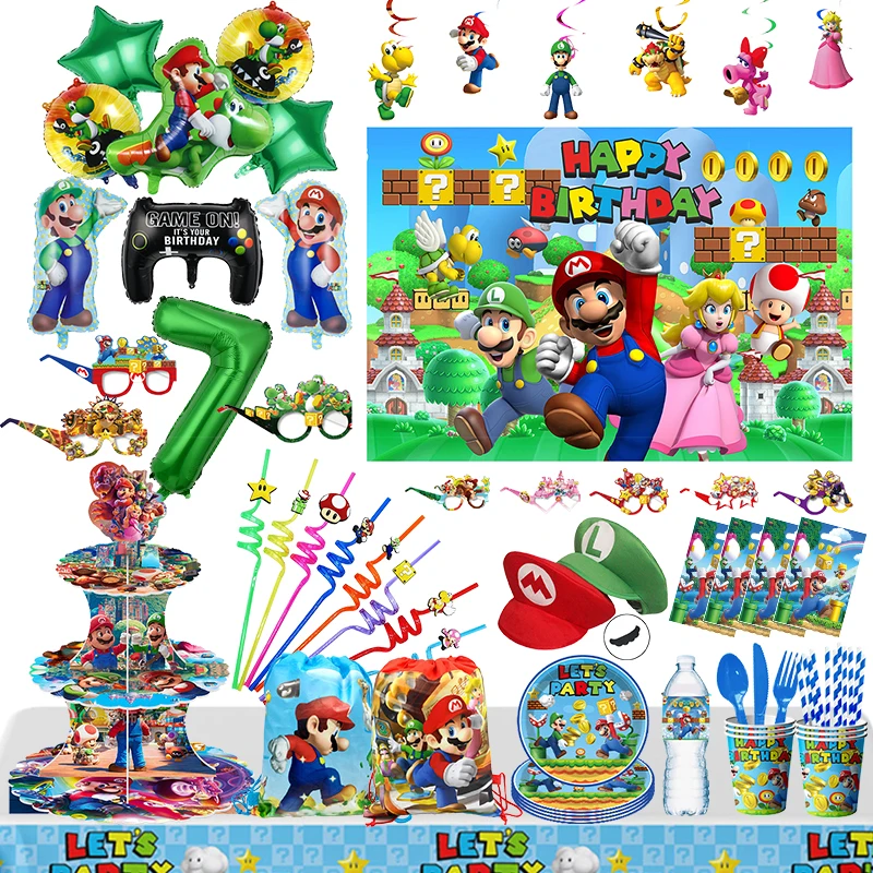 Super Mario Game Birthday Party Decorations Kids Shower Foil Latex Balloons Disposable Tableware Backdrop Caps Toy Anime Figures