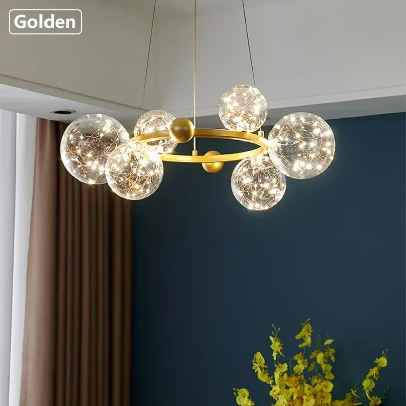 Ring Led Chandelier For Bedroom Living Dining Room Kitchen Table Round Glass Bubble Ball Hanging Lamp Circle Led Pendant Light