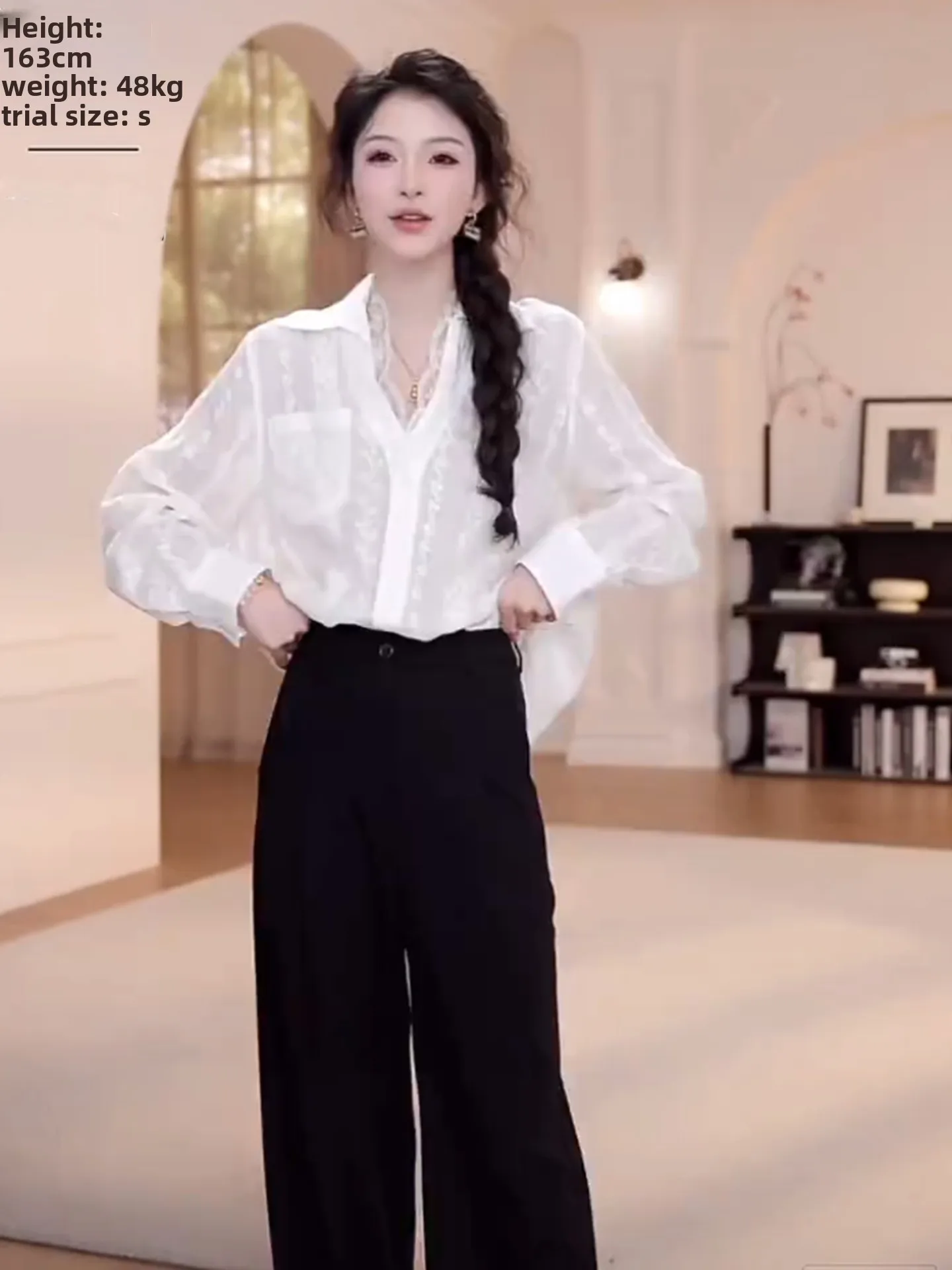 

Женская блузка Ele с кружевной отделкой, корейская версия, прямой крой, длинный рукав, с воротником, для лета 2025 года