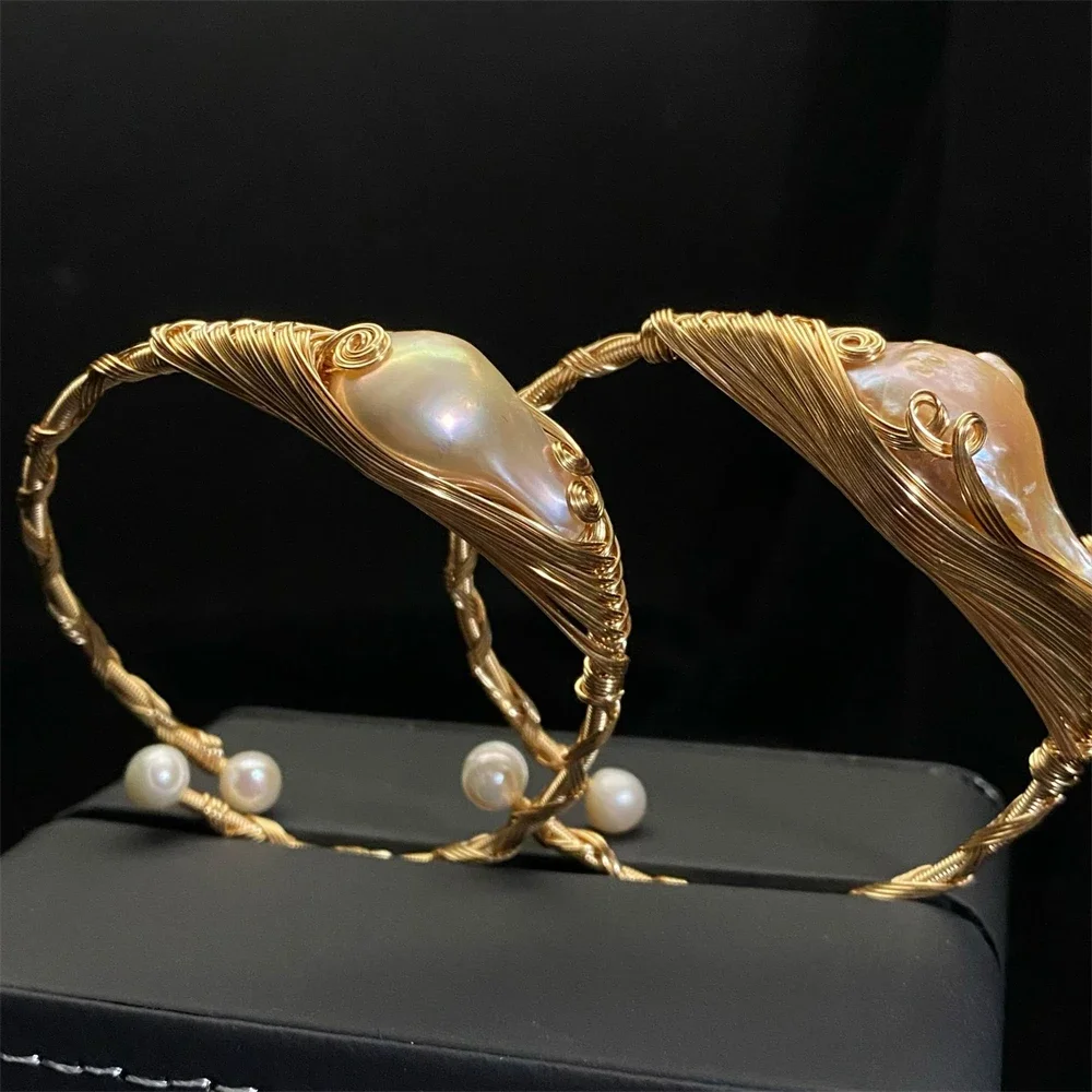 Pulseras de perlas de agua dulce barrocas naturales tejidas a mano para mujer, brazaletes abiertos, joyería de fiesta de lujo