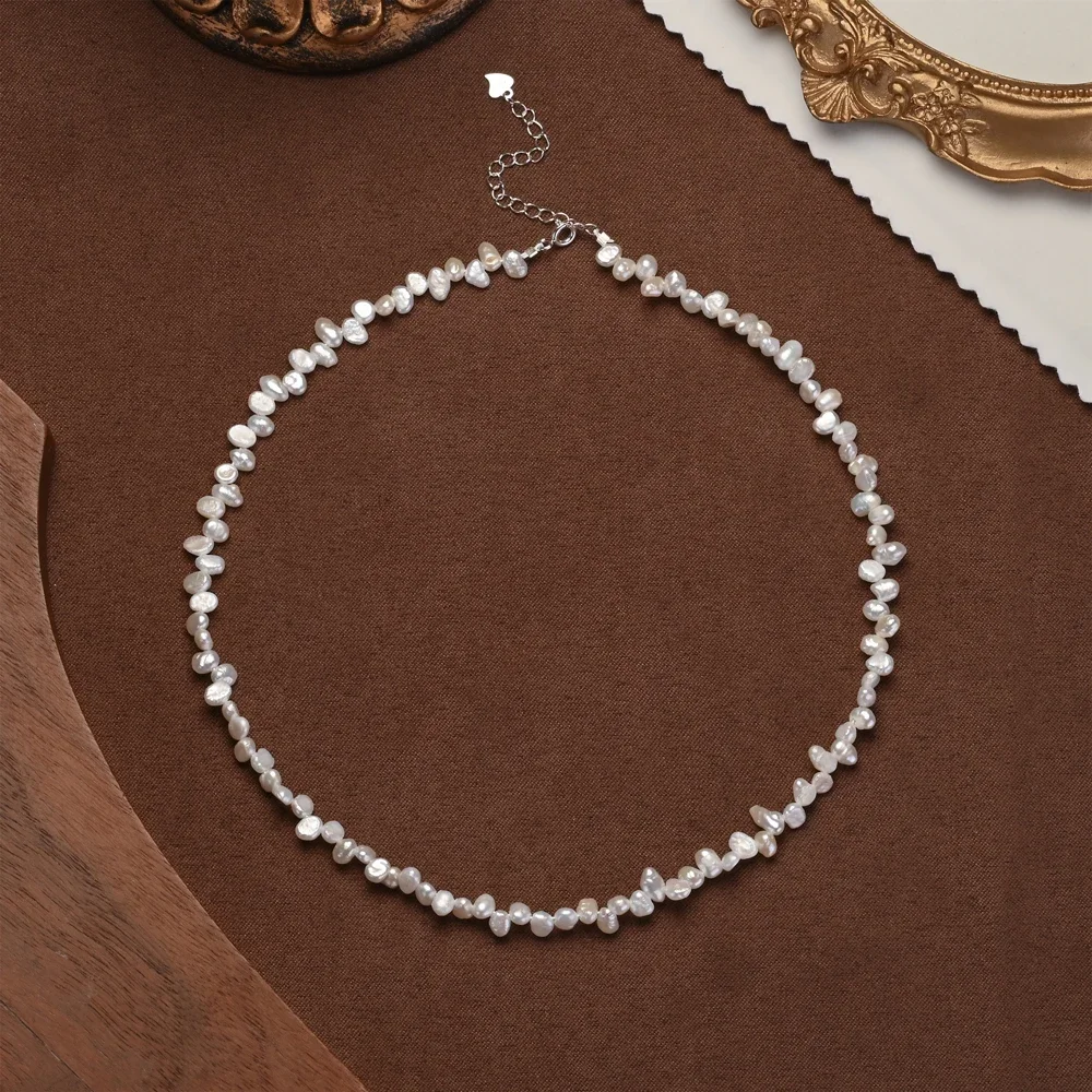 

YWYC 4-5mm Baroque Freshwater Pearl Necklaces Flower Pearl 925 Sterling Silver 38+4cm Collar Necklace for Women Jewelry Gift