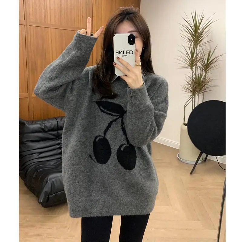 

Fashionable Soft Lazy Style Women's Knitted Sweater Loose Long Autumn Winter Sweet Young Outerwear Collar Long Sleeve