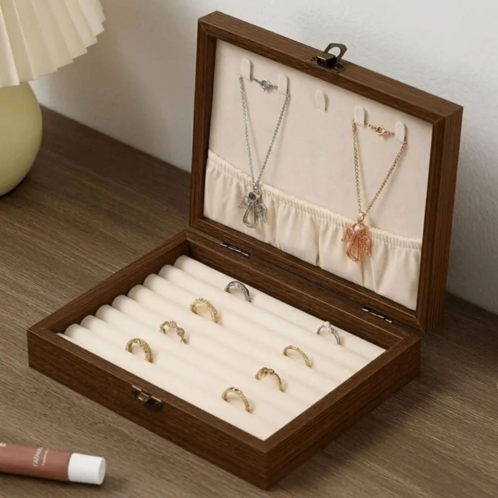 Walnut Wood Jewelry Organizer Box Velvet Interior Metal Latch Hanging Panel Hinged Lid Dust-Proof Wood Jewelry Box