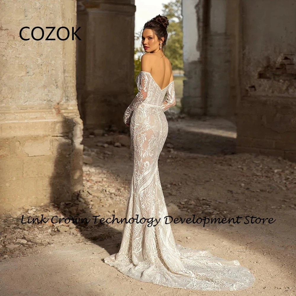 COZOK Off Shoulder Full Sleeve Wedding Dresses for Women Mermaid Lace Bridal Gowns with Zipper Back 2024 Summer Vestidos De